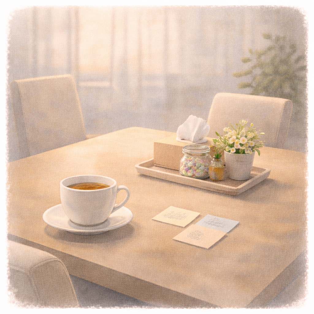 落ち着いた空間の中で、日常の状態を整理する時間を想起させる水彩画風のテーブル風景