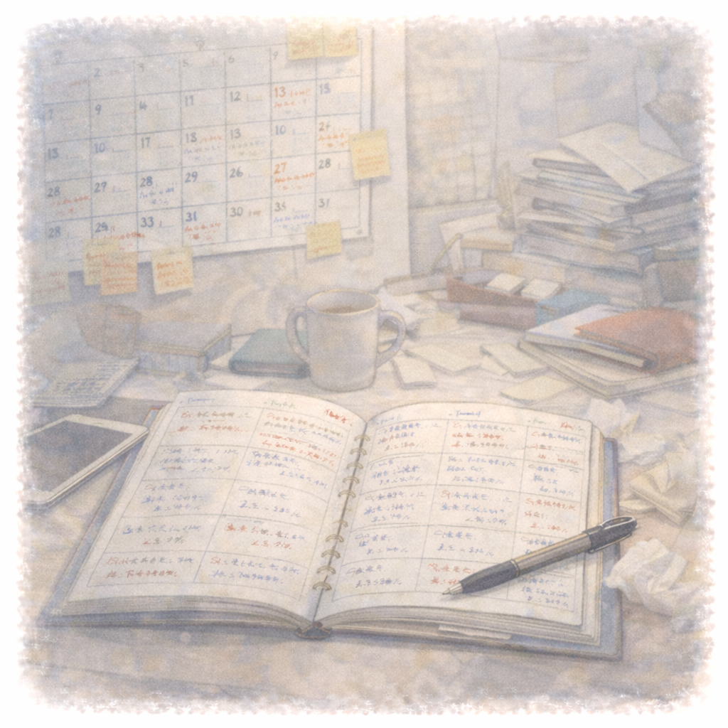 予定や作業が重なり、生活の余裕が少なくなっている様子を表した水彩画風イラスト