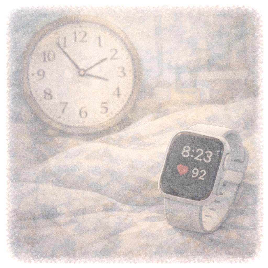 時間や体の状態を無意識に確認してしまう様子を、静かな空間として表現した水彩画風イラスト