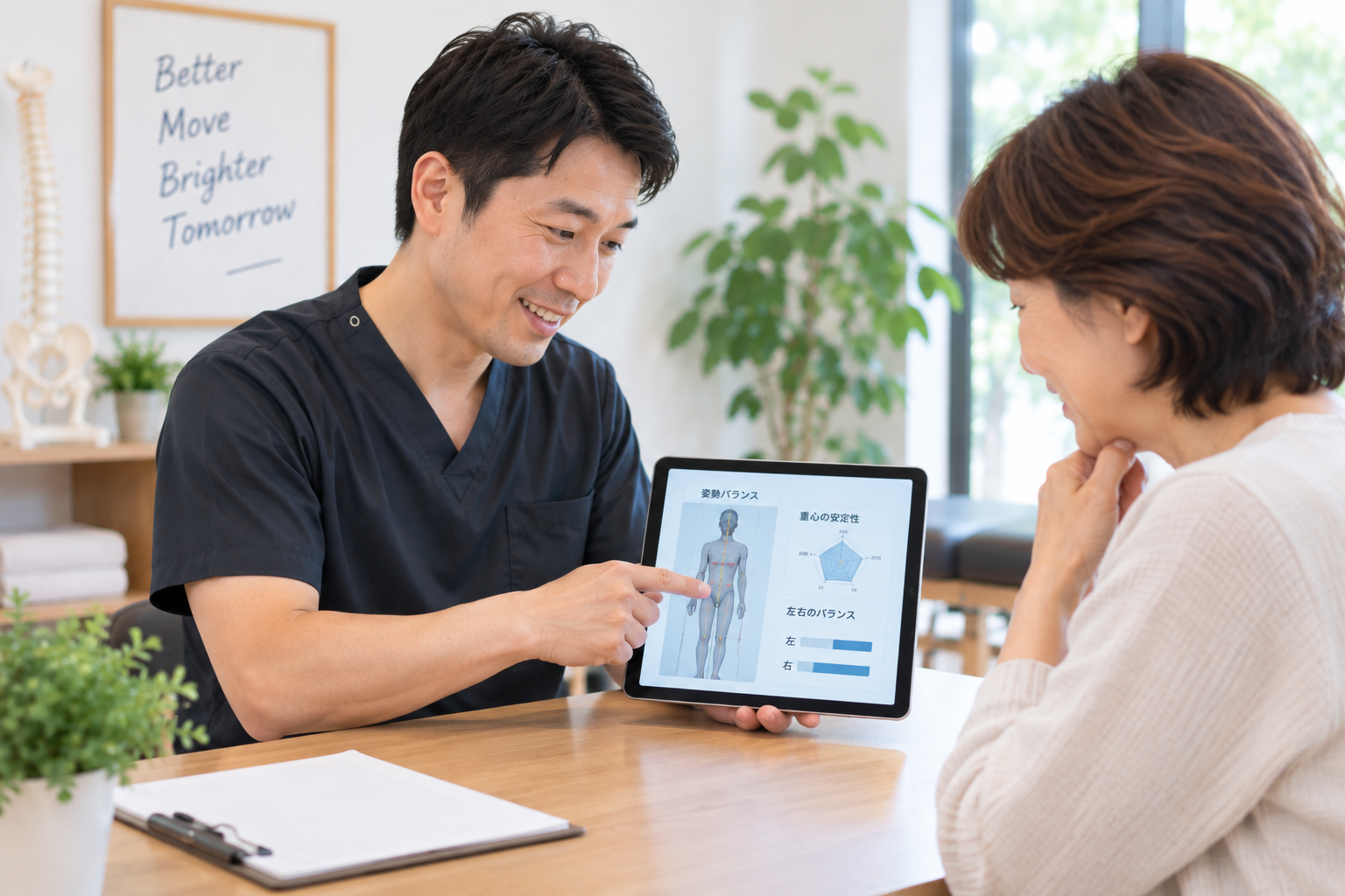 施術後の情報をタブレットでクライアントと確認・共有する施術家施術後の情報をタブレットでクライアントと確認・共有する施術家