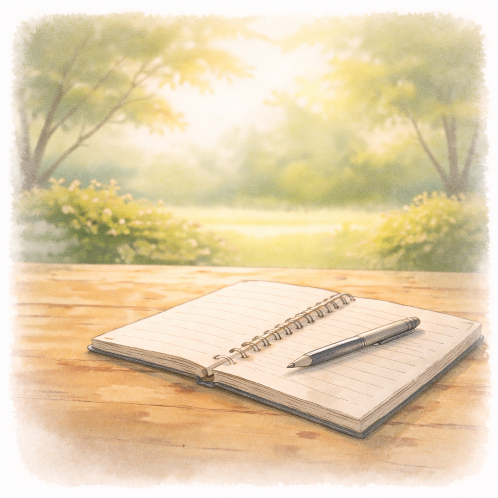 ノートや筆記用具が静かに置かれた、考えを整理する時間を象徴した水彩画風のイラスト