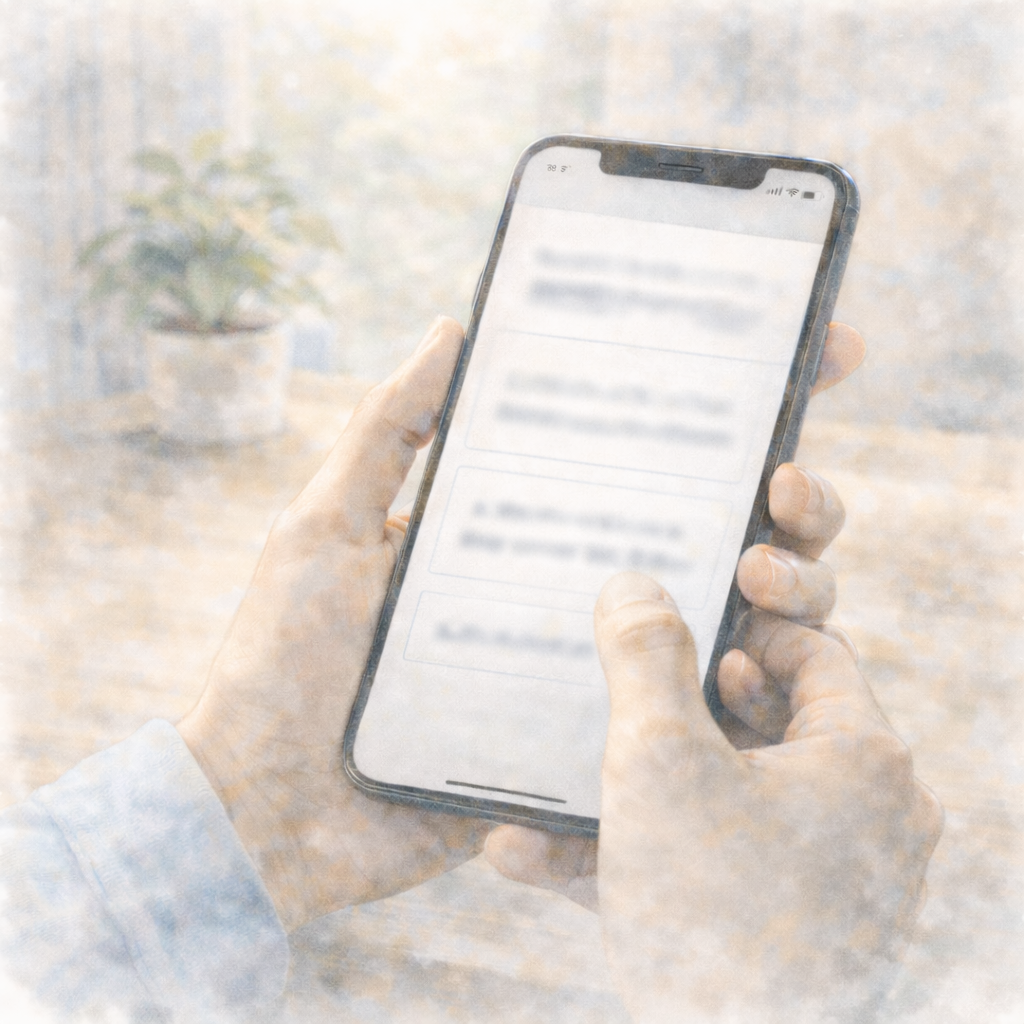 パニック症の初回アセスメントとして、スマートフォンで入力を進める様子を描いた水彩画風イラスト