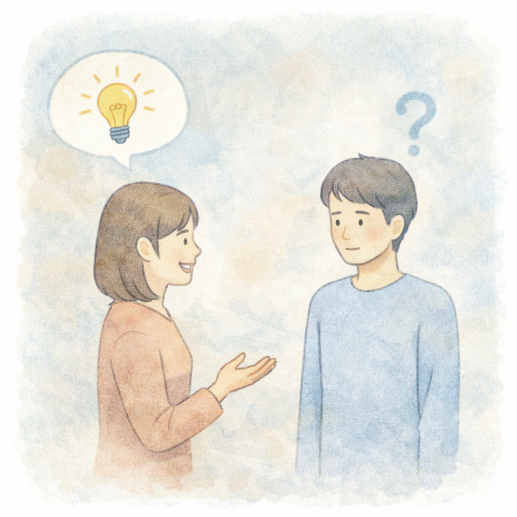 善意のアドバイスや一般的な理解が、今の状態には合わず負担になってしまう場面を、水彩画でやさしく表現したイラスト