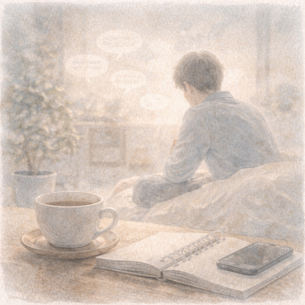 周囲の言葉が背景に溶け込み、感覚だけが内側に残っているように感じられる静かな空間