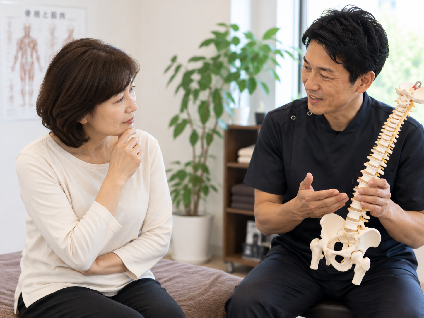 身体の状態について施術家から説明を受けるクライアント