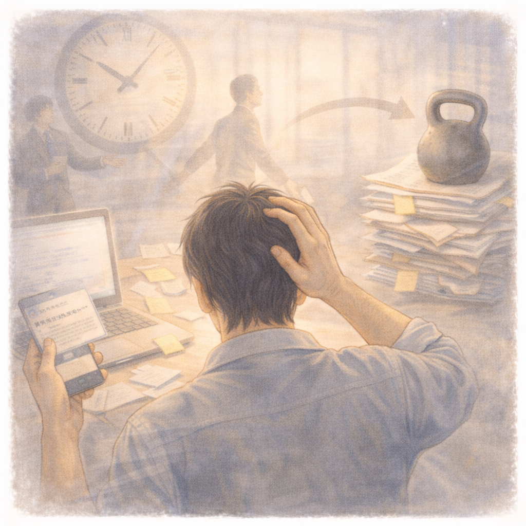 無理を重ねて動き続けている状態を、水彩画風の作業空間で表現したイラスト