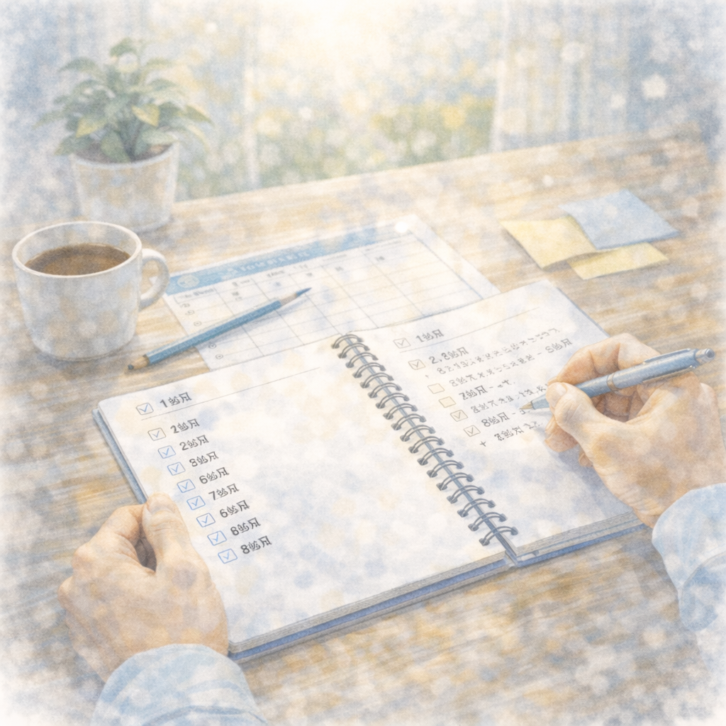 パニック症の回復過程として、8週間の流れを手元で整理している様子を描いた水彩画風イラスト