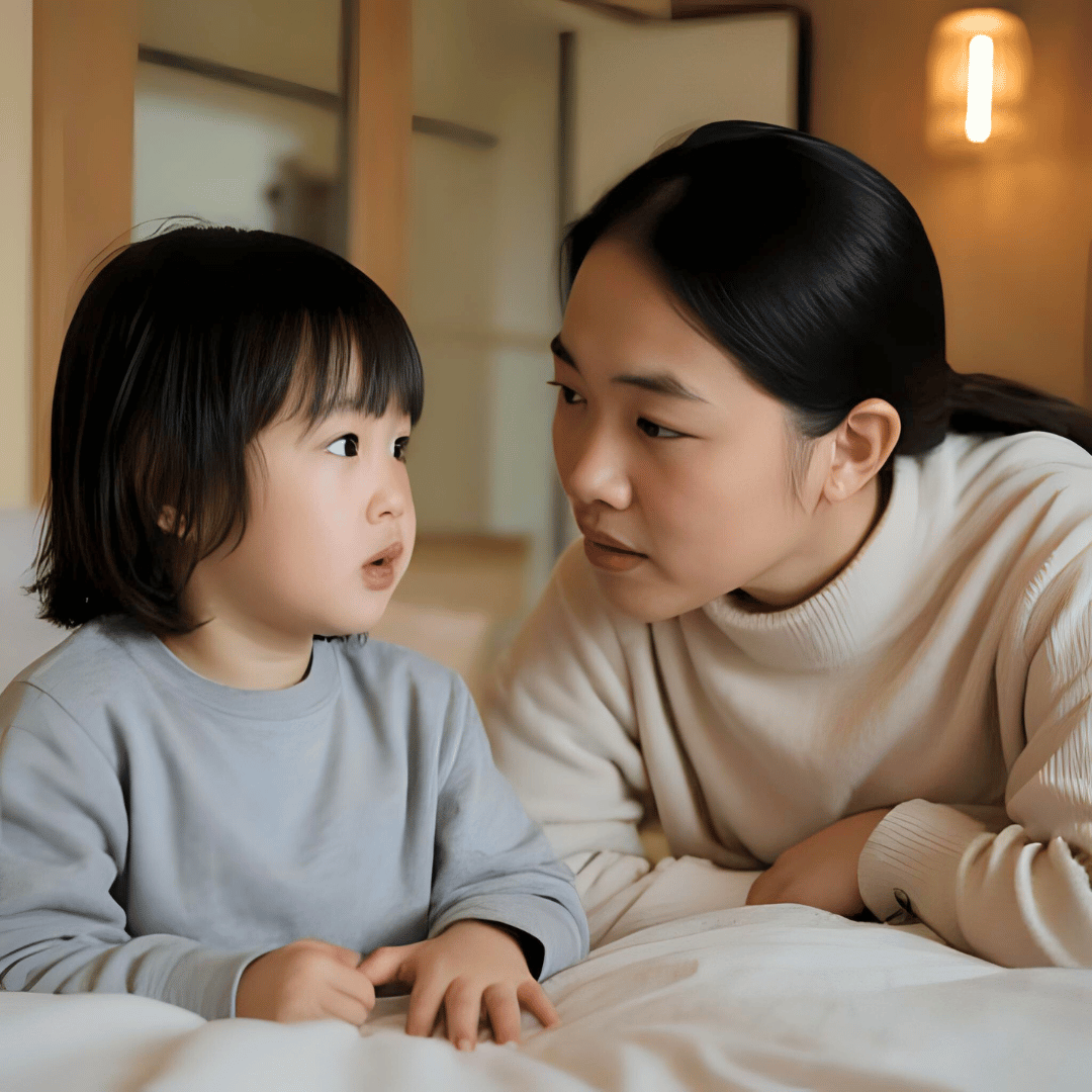 ベッドの上で子どもと向き合い、丁寧に話を聞く母親
