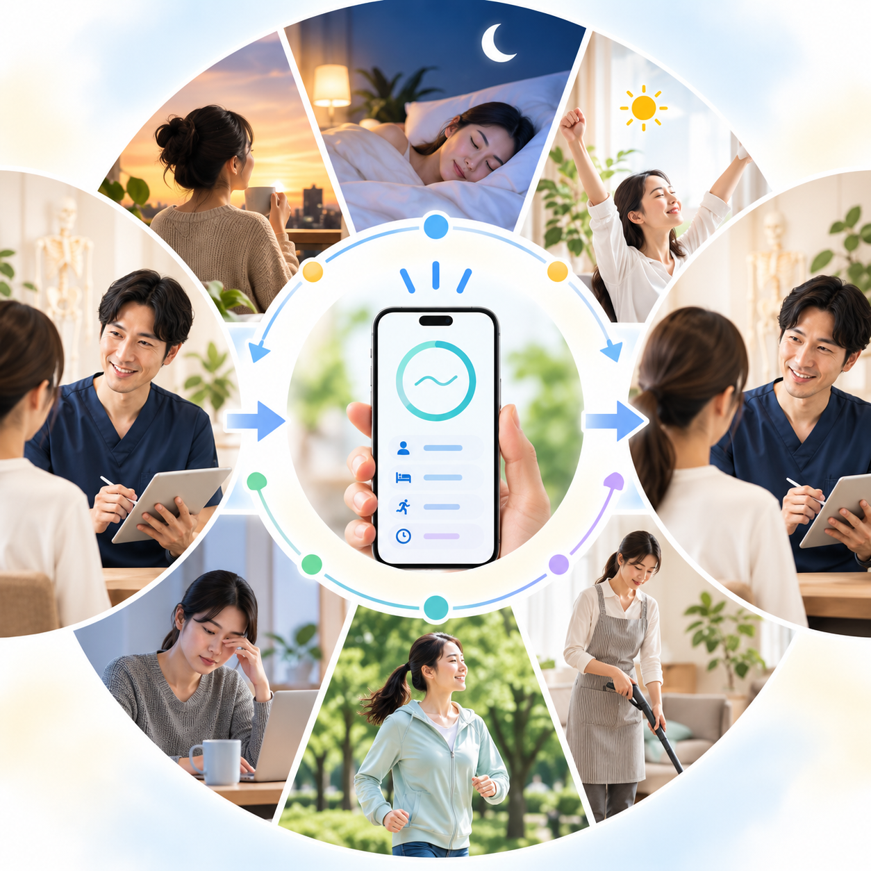 来院と来院の間の日常生活や睡眠・活動・スマートフォン測定を表したイメージ