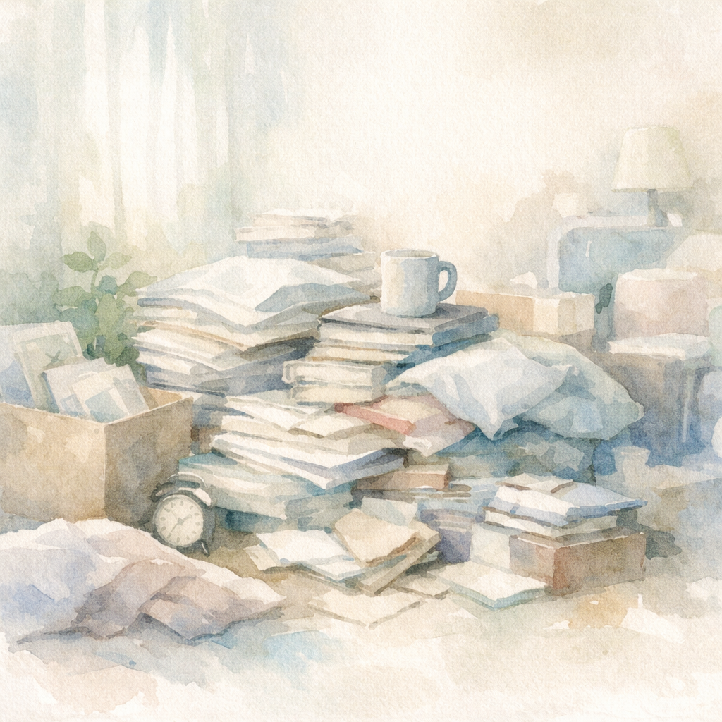 善意や配慮が重なり、気づかないうちに負担が増えていく状況を静かに表現した水彩画風のイラスト