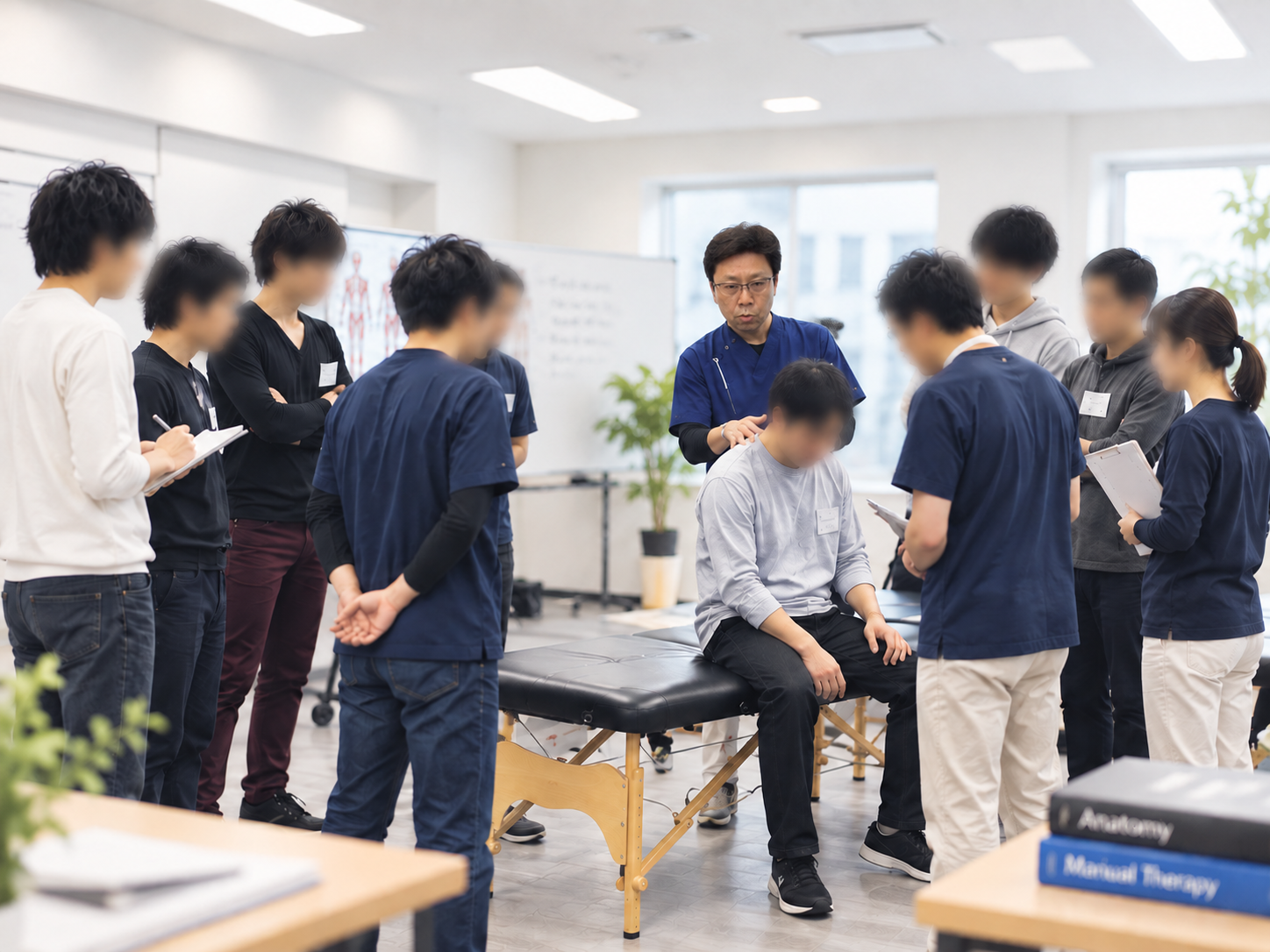 施術技術の実技講座で指導を受ける受講生たち
