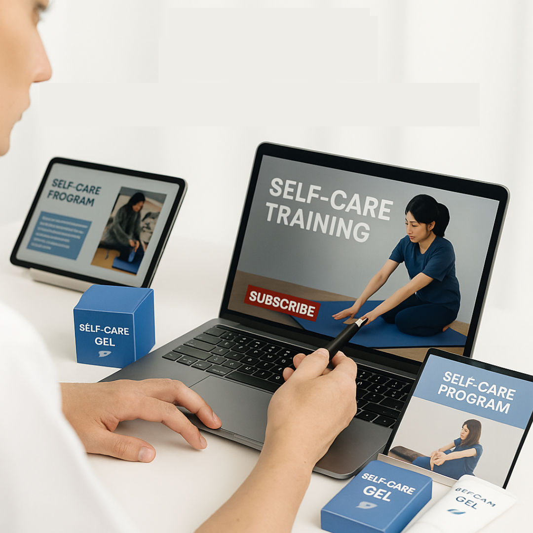 ノートパソコンやタブレットの画面に「SELF-CARE PROGRAM」「TRAINING」と表示された動画教材が並び、施術家が指示棒で画面を指している。セルフケアジェルの箱もデスク上に置かれ、技術をサブスクやパッケージとして体系化している様子を表す。