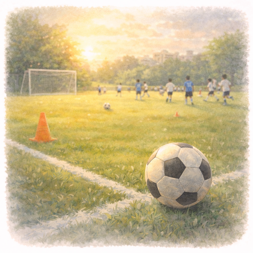 少年サッカーのフィールドを水彩画風で描いた、役割や環境の変化を象徴する静かなイメージイラスト