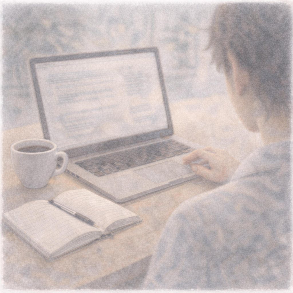 パソコンやメモを前に、静かな時間の中で状況を整理しているように感じられる場面