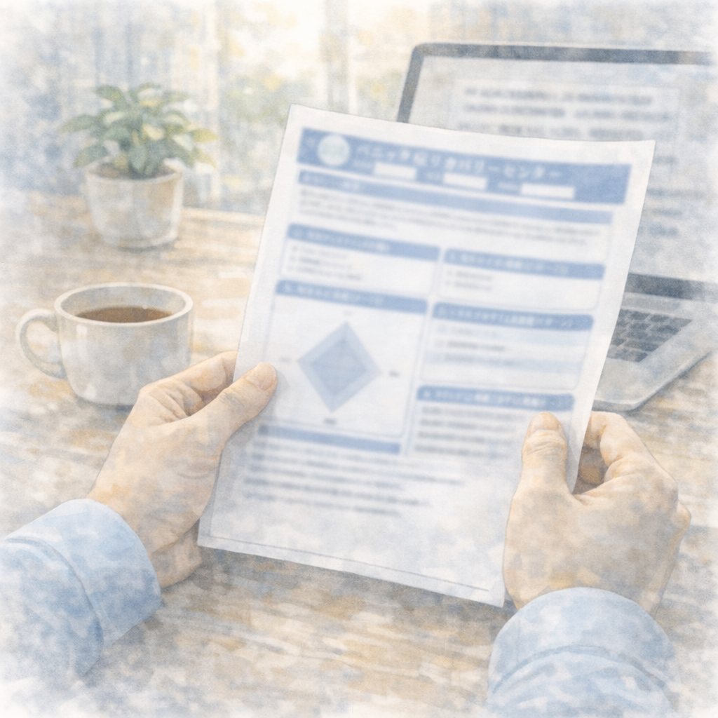 パニック症のアセスメント結果シートを確認している様子を描いた水彩画風イラスト