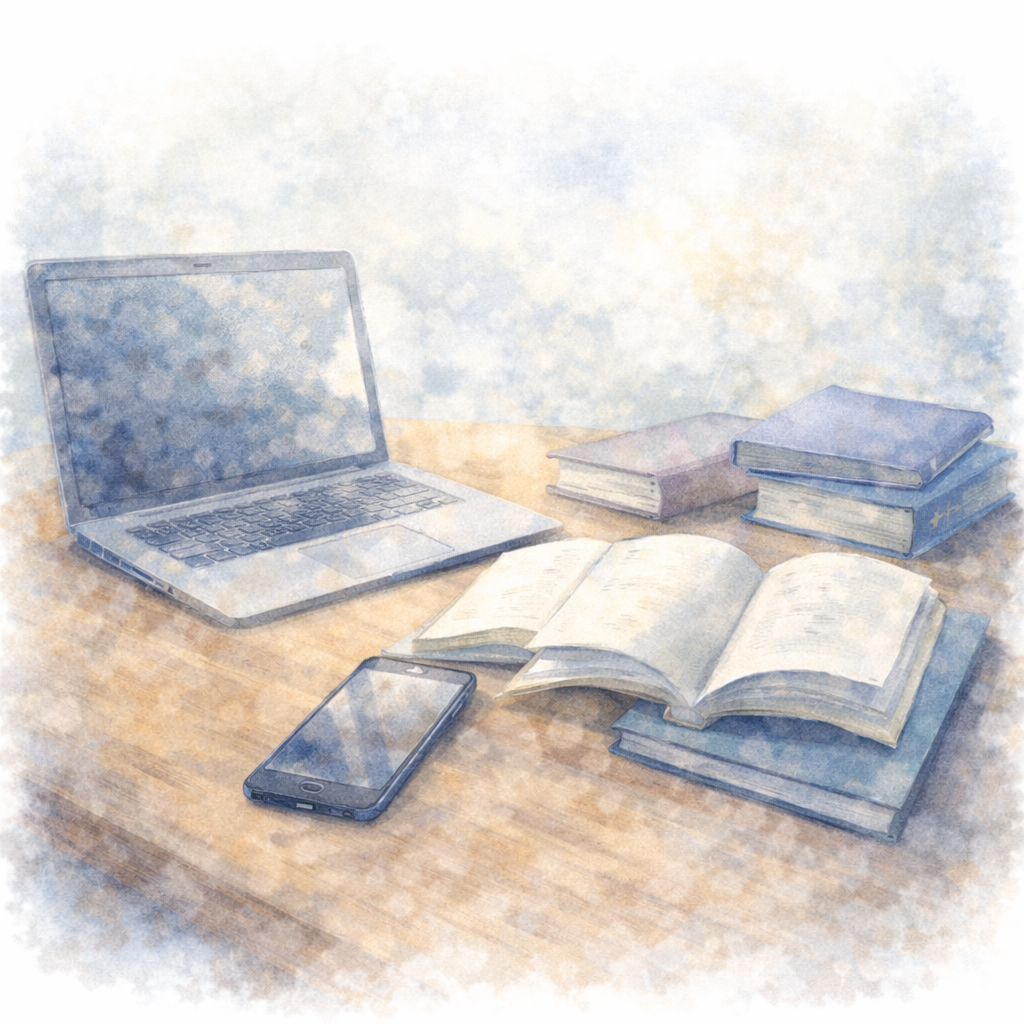 パニック症について情報を集めすぎて混乱している状況を、机の上に散らばったパソコンや本、スマートフォンで表現した水彩画風イラスト