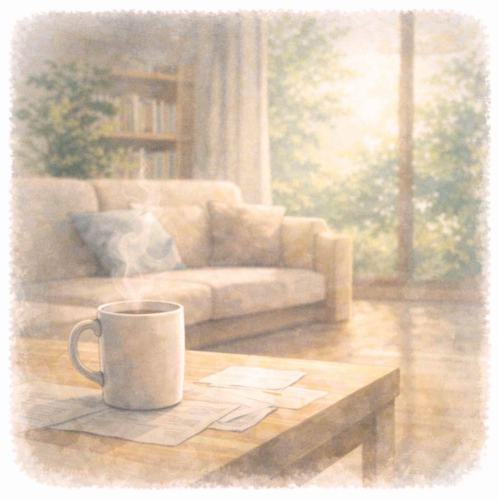 日常の重心が静かに戻っていく様子を象徴した、水彩画風の穏やかなリビング空間のイラスト