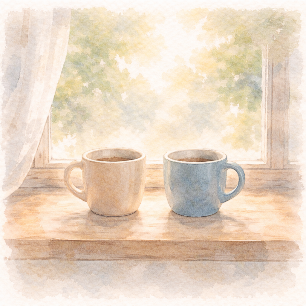 窓辺に少し距離をあけて並んだ二つのマグカップが、無理に踏み込まず同じ空間で見守る関係性を象徴的に表現している水彩画風のイラスト