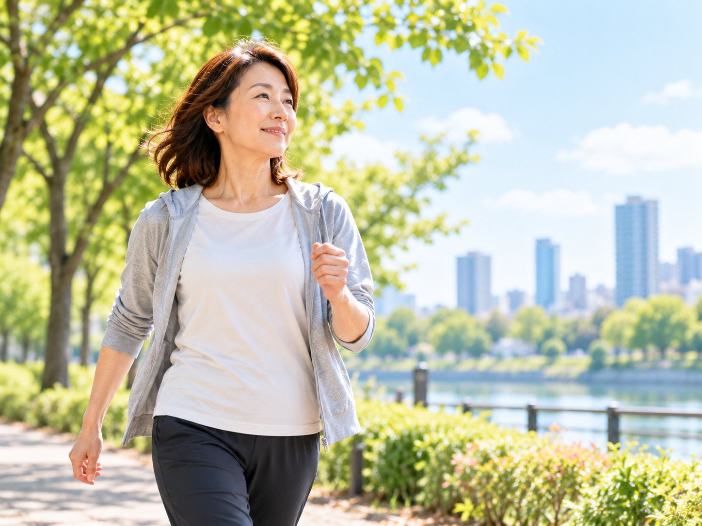 施術院への来院と来院の間に、緑豊かな公園でウォーキングを楽しむ50代女性クライアントの様子。