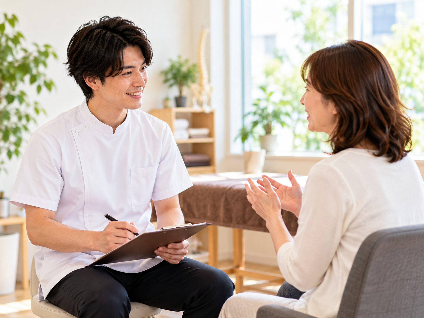 明るい施術院で、男性施術家が女性クライアントの話を丁寧に聞き、カウンセリングを行っている様子。