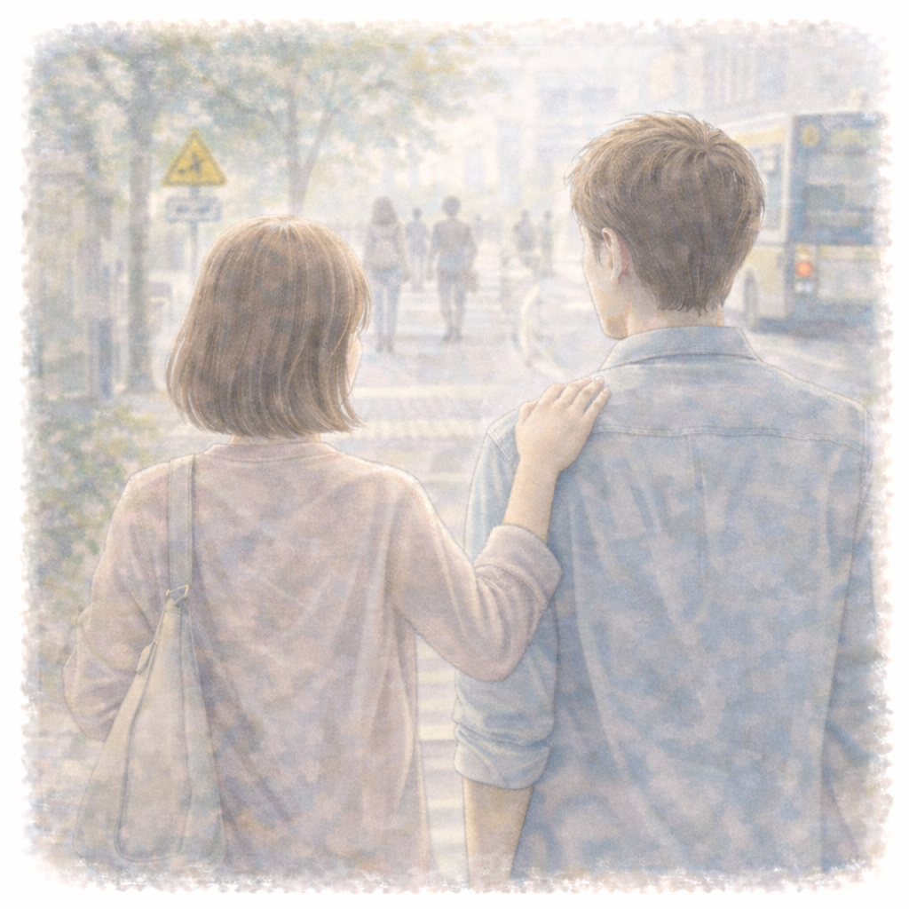 動悸や息苦しさを抱えながら外出する場面で、そっと支え合う関係性を表した水彩画風イラスト
