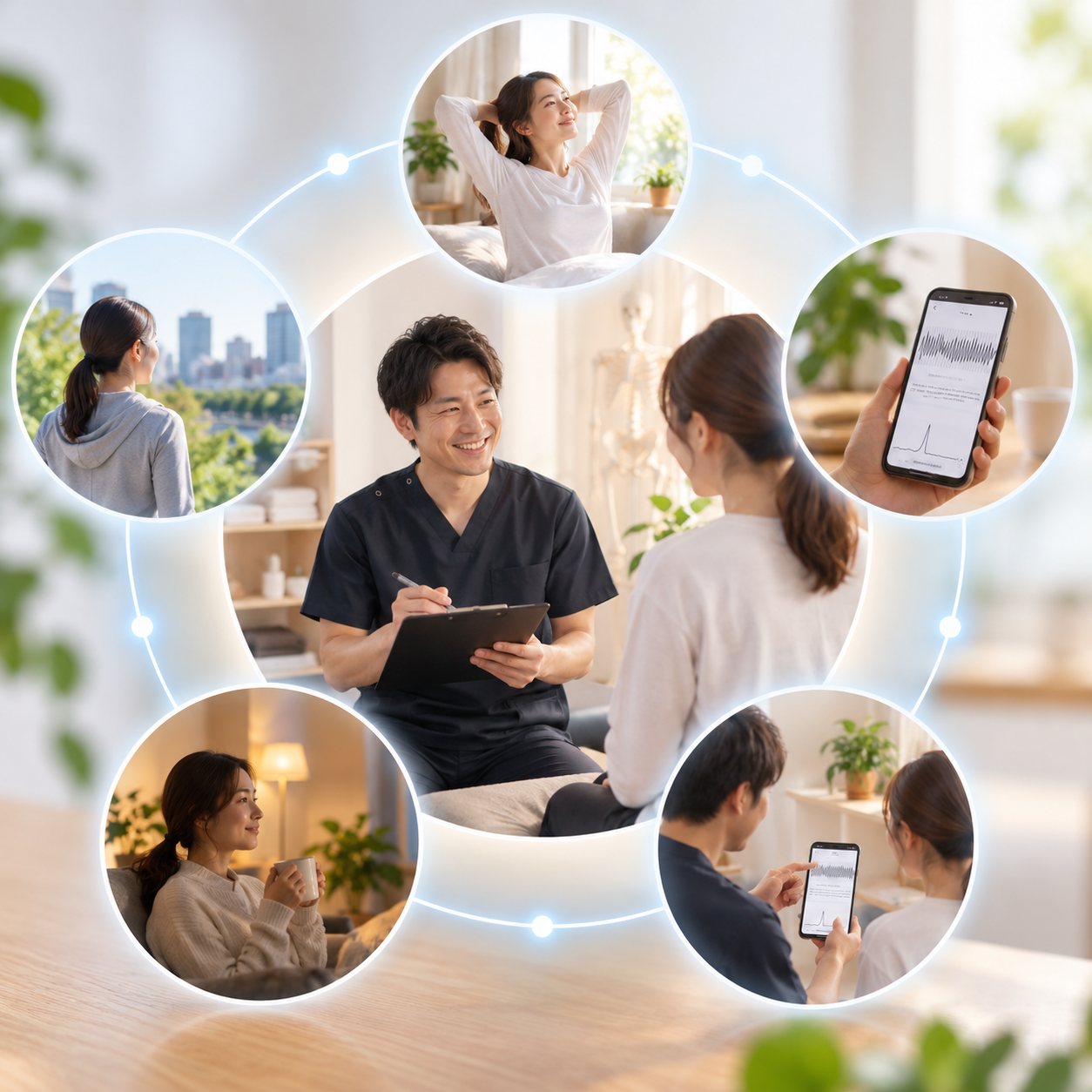 施術院での振り返りと来院前後の日常や記録がつながり、施術時間以外にも関わりが続く様子