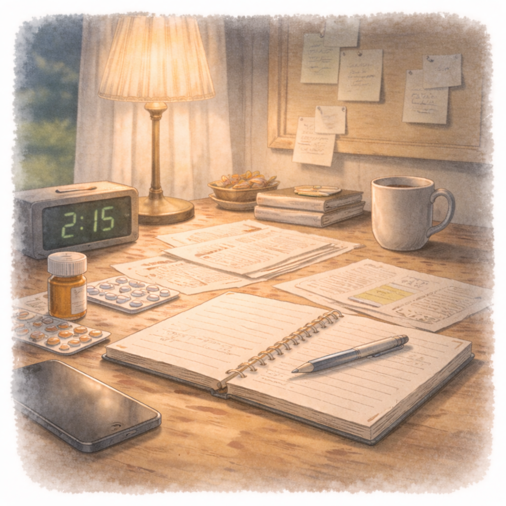 ノートや書類が並ぶ静かな机の上を、水彩画風で描いた、経験を振り返る時間を象徴するイラスト