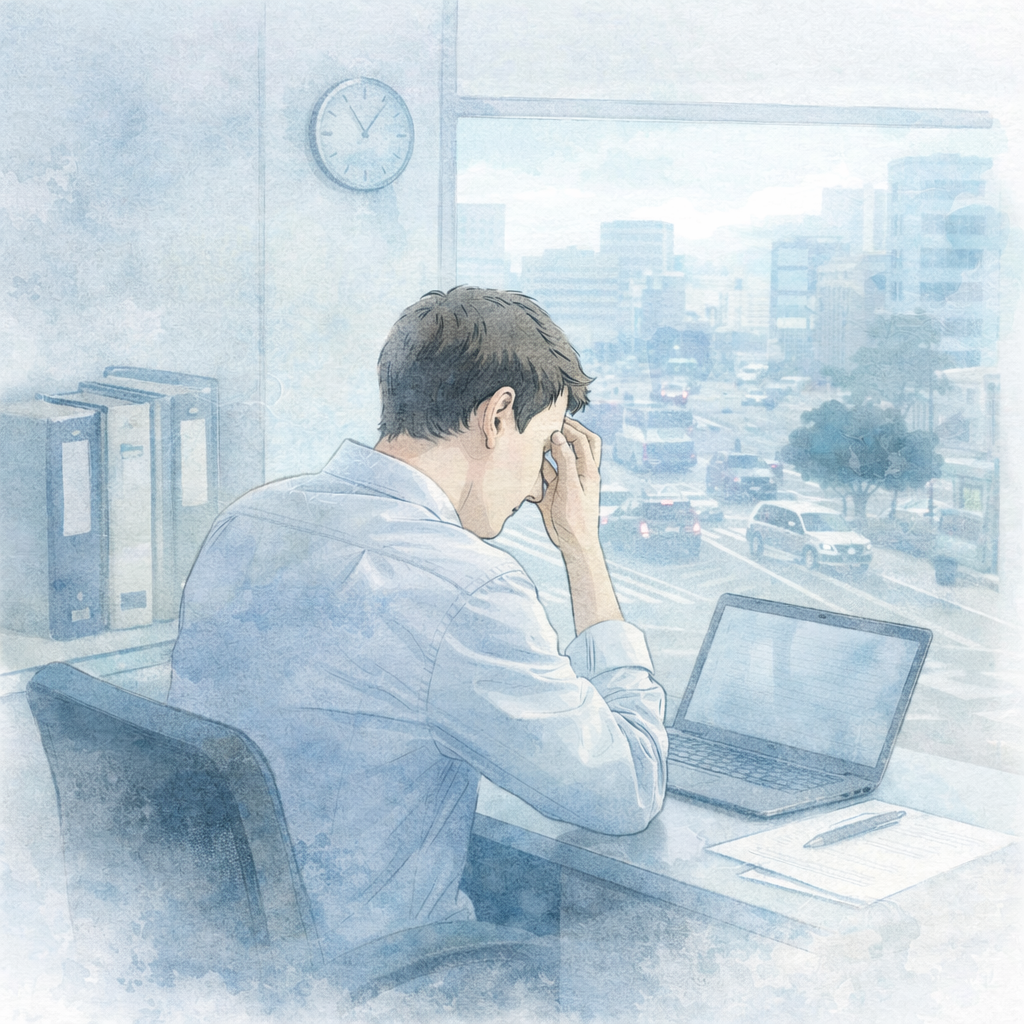 パニック症で日常の緊張が続いている様子を静かに描いた水彩画風イラスト