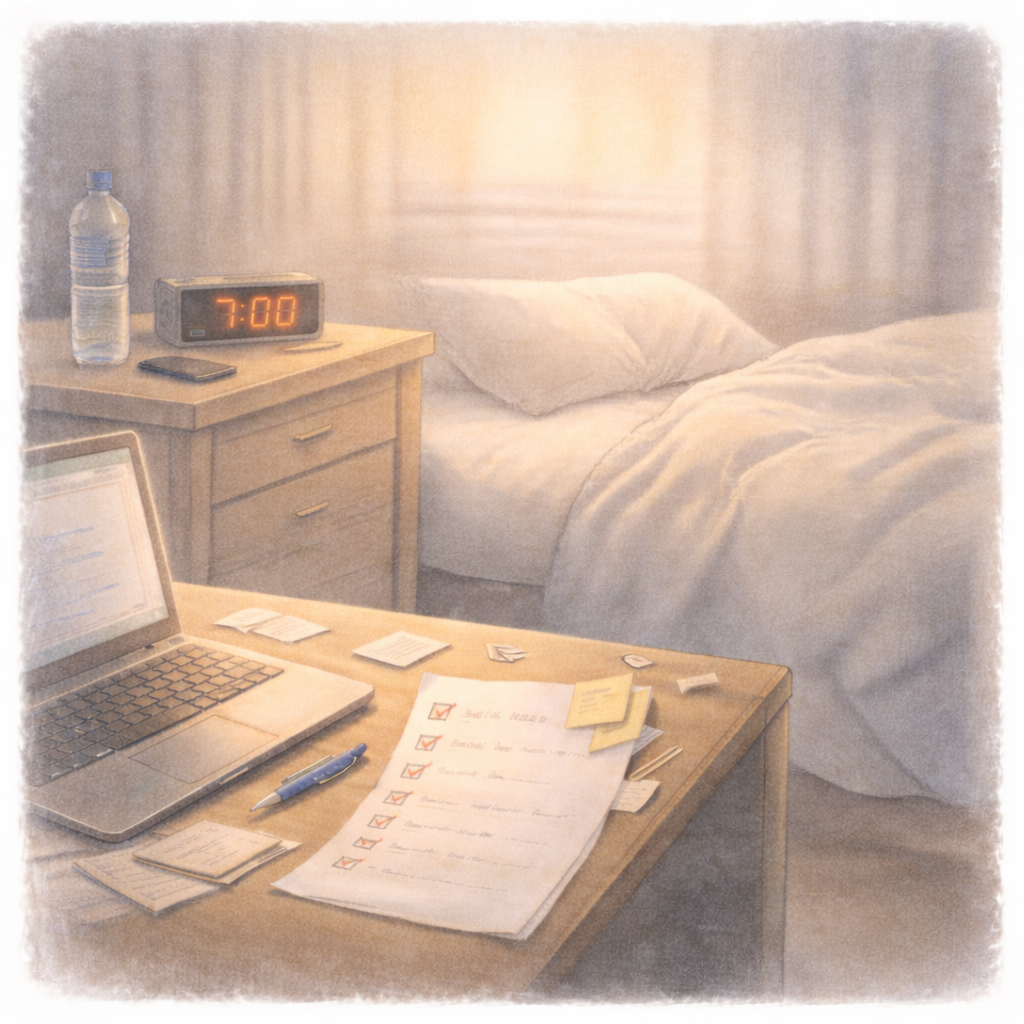 休んだ後もすっきりしない感覚が残る生活の一場面を、水彩画風で表現したイラスト