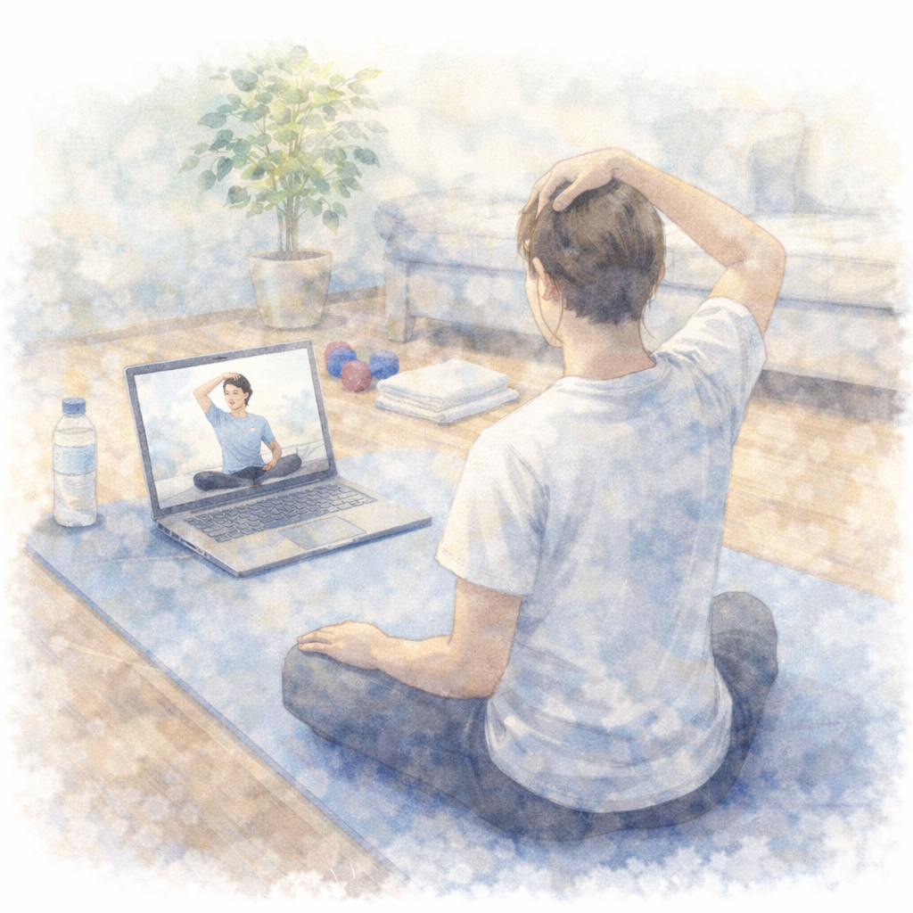パニック症の回復過程で、オンライン環境で身体の緊張を和らげるコンディショニングを行っている様子を描いた水彩画風イラスト