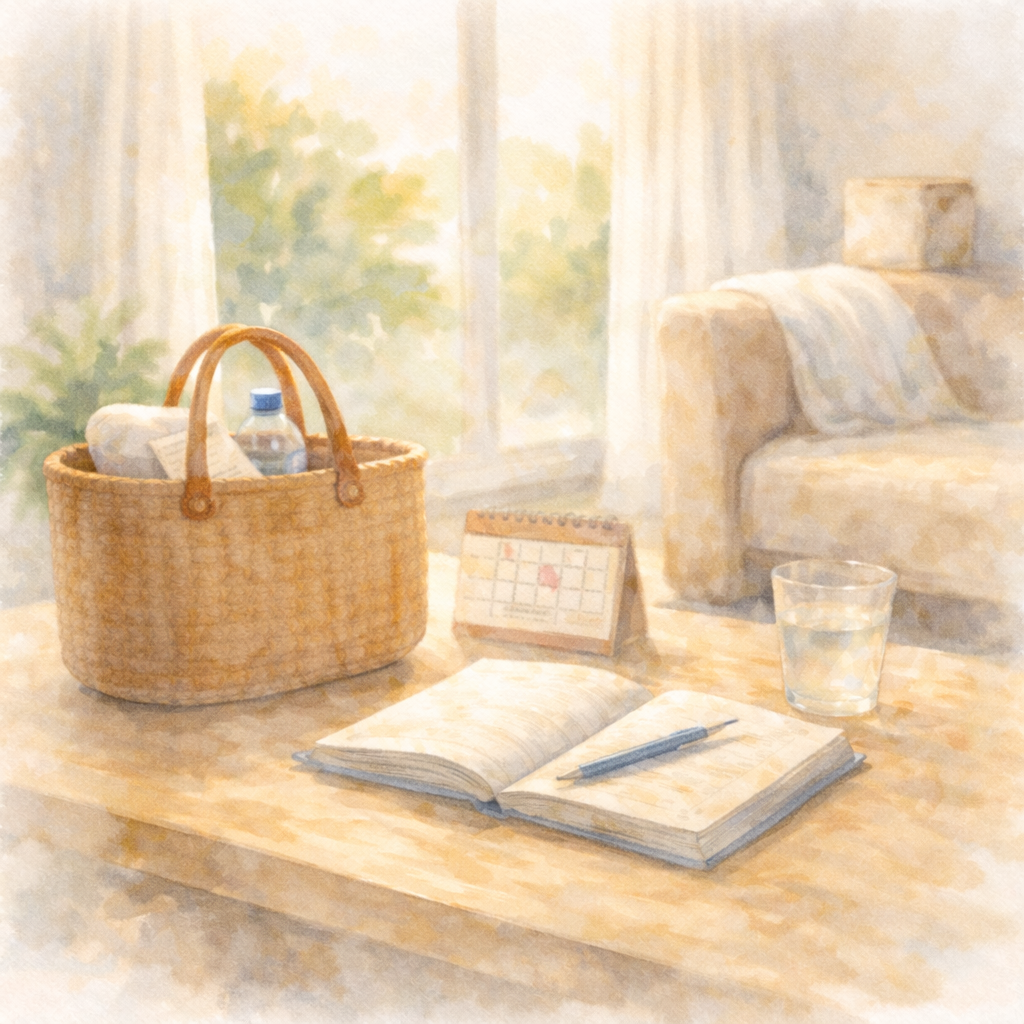 静かな室内で、準備された物だけが置かれ、少し待っているような空気が残る水彩画のイラスト