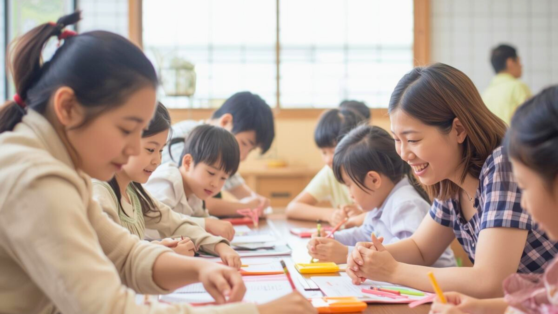 日本の教室で子どもたちが先生と一緒に活動する様子。幼児教育や保護者支援の実績をイメージした家族コンディショニングの信頼性ブロック用写真。