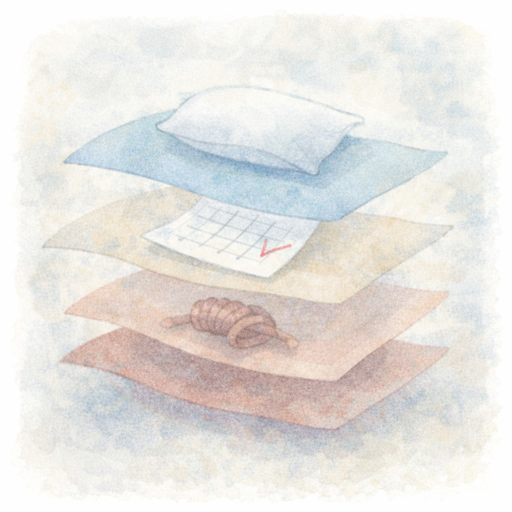 日常の中でいくつもの負担が重なり、反応が起きやすい状態になっていく様子を、水彩画でやさしく表現したイラスト