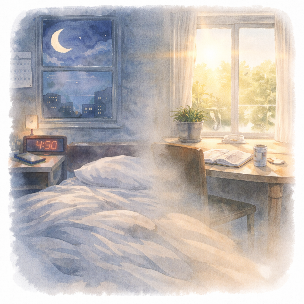 夜の静けさと朝の光が同じ空間に重なり、時間の影響が翌日まで続いている様子