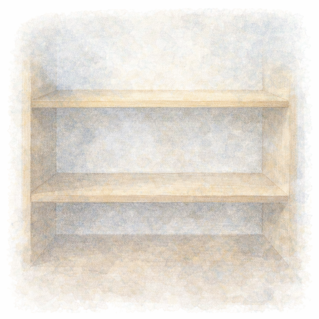 何も置かれていない棚を通して、支援とは何かを足すことではなく、余白を取り戻すことを表現した水彩イラスト