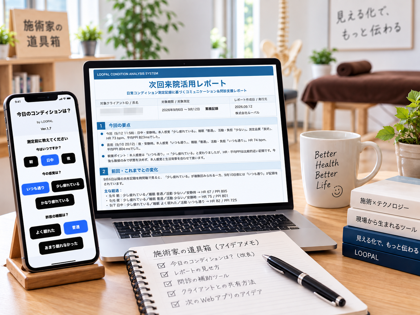 施術家の道具箱として活用するコンディション測定アプリと次回来院活用レポート