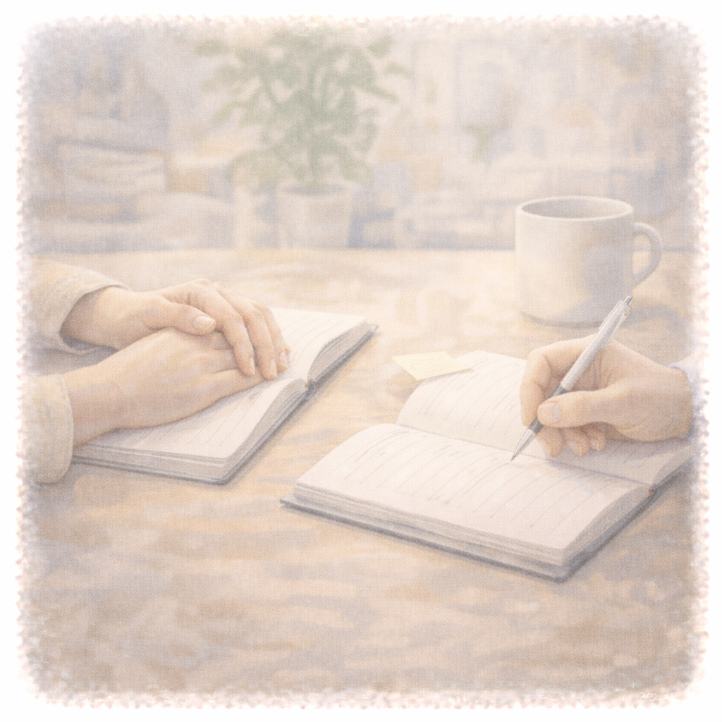 机を挟んでノートを開き、状況を整理しながら話を進めている静かな時間を表した水彩画風イラスト