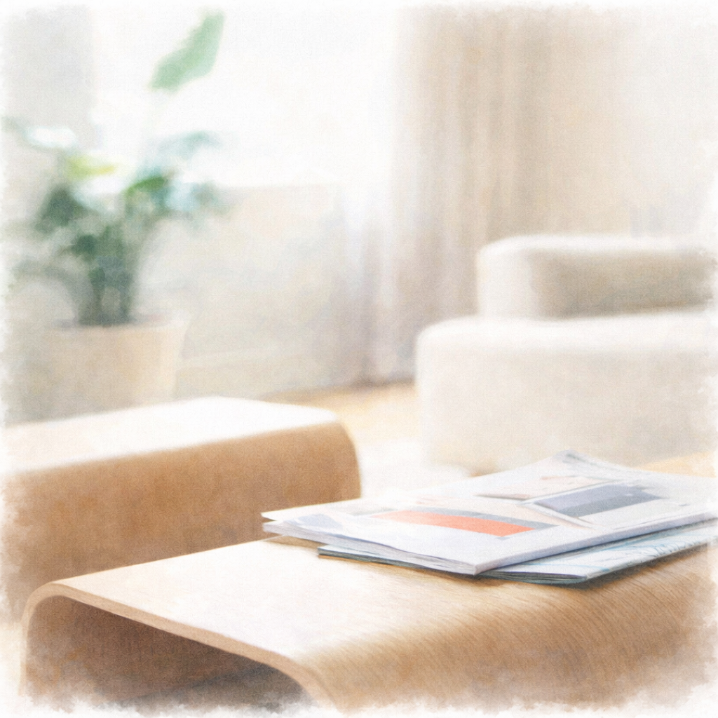 発作が収まった後の静かな時間を、生活空間の中の余白として表現した水彩イラスト