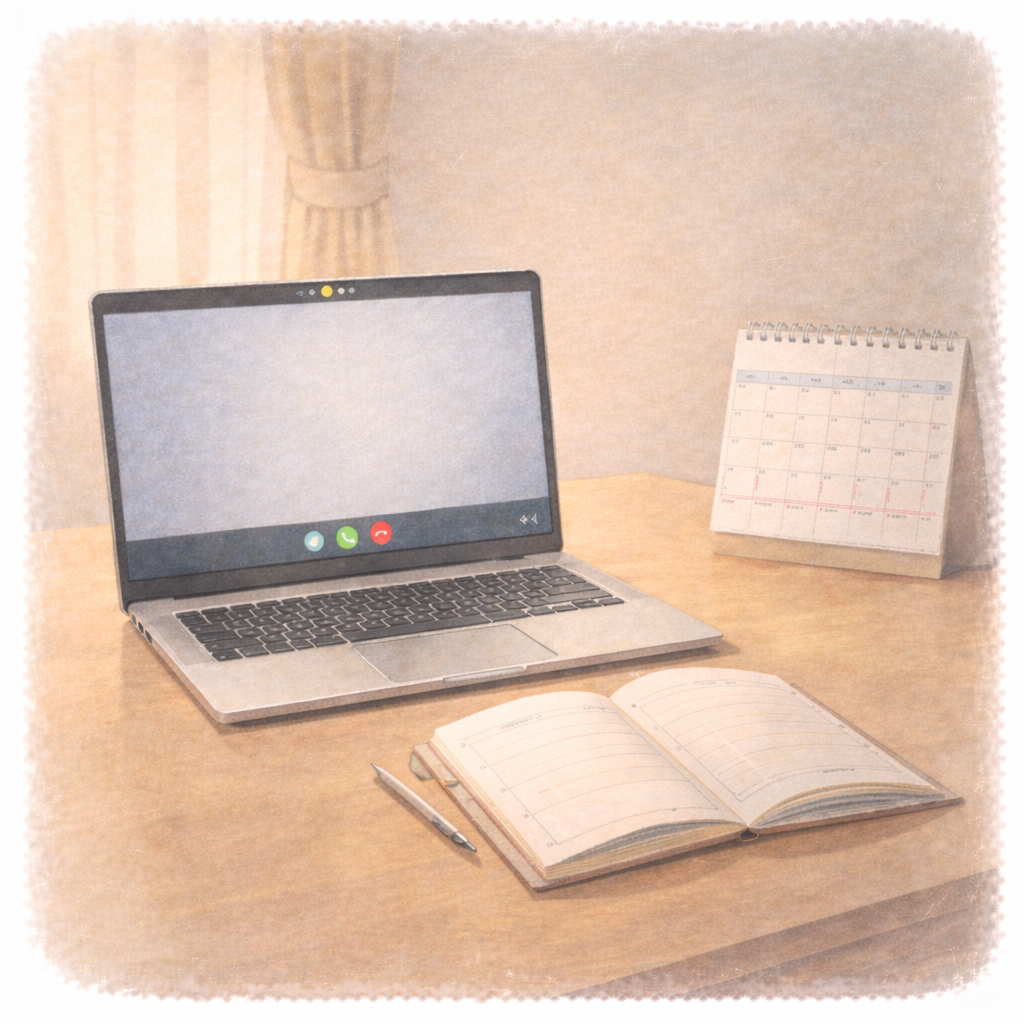 決めたり急いだりせず、話や気持ちを一度置いて静かに眺められる場を象徴的に描いた水彩画風のイラスト