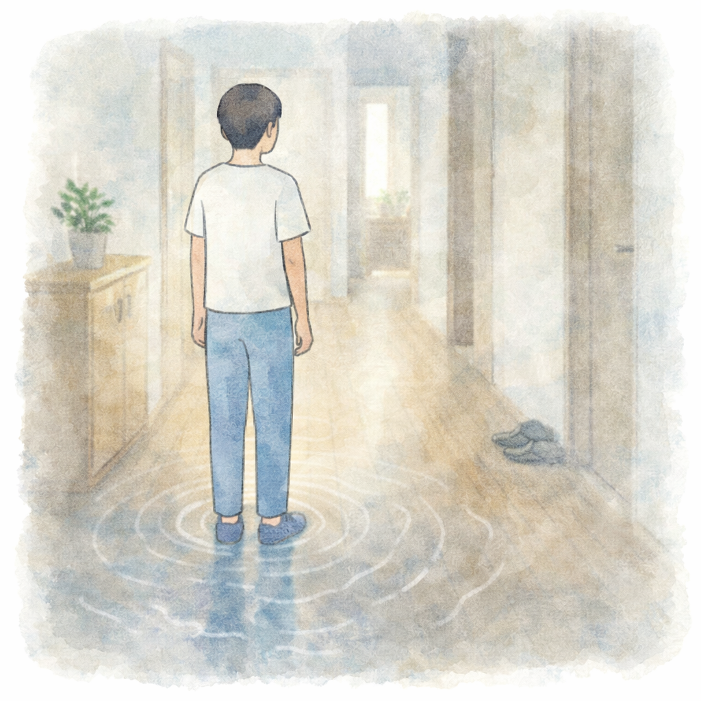 発作の後、日常の中で理由の分からない違和感が残っている状態を、水彩画で静かに表現したイラスト