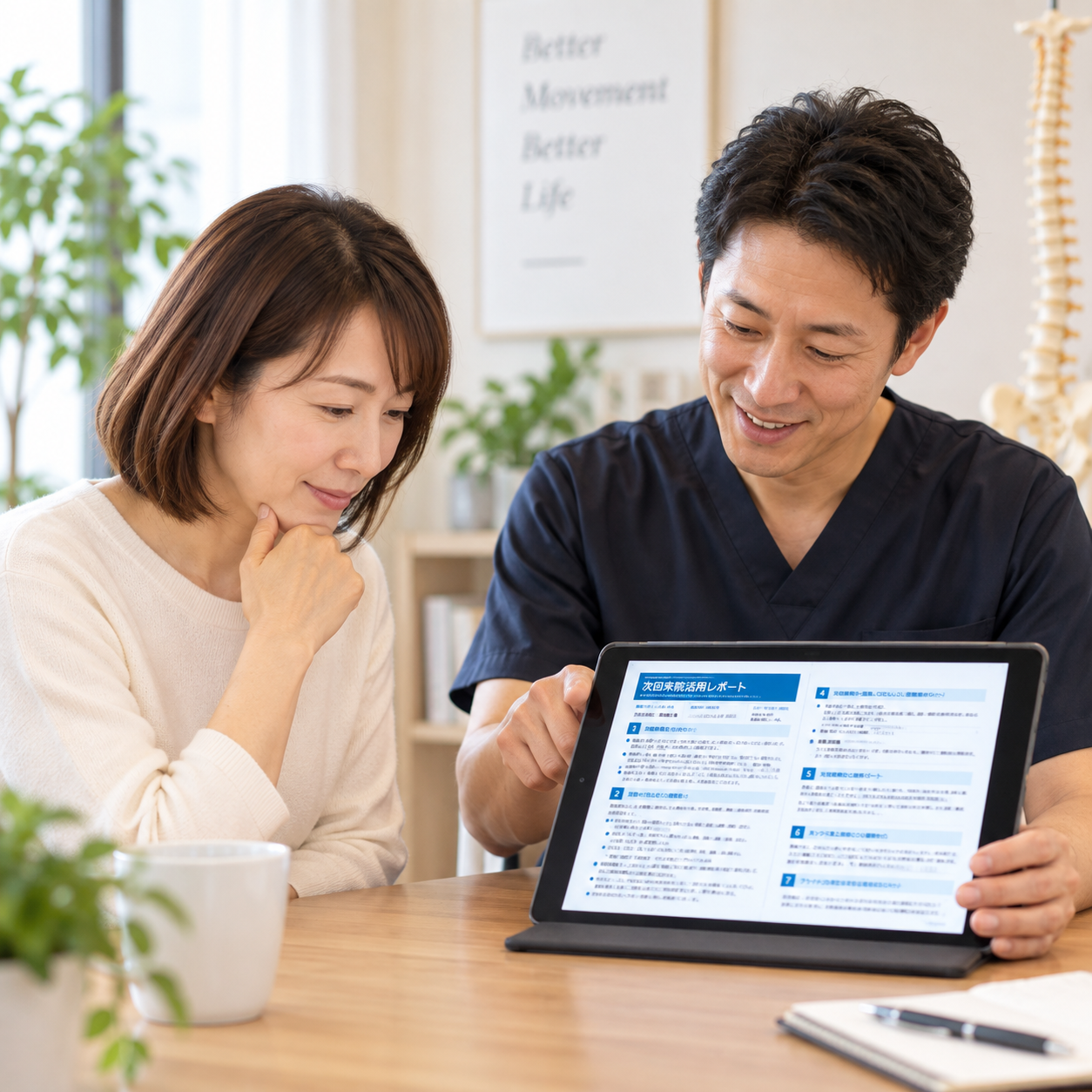 施術家とクライアントが次回来院活用レポートを一緒に見ながら、来院間の記録を振り返る様子