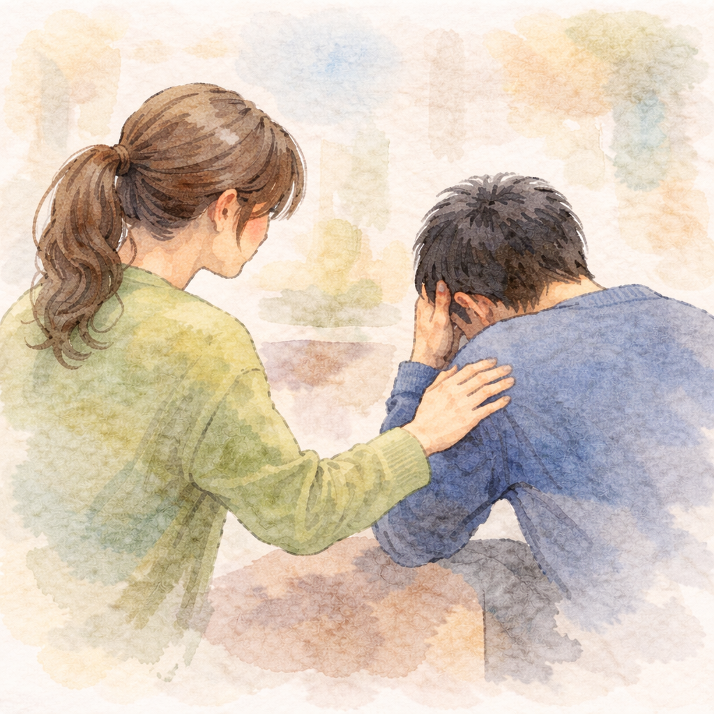 善意の声かけや行動が、受け取る側の余裕によっては負担として伝わってしまう場面を、水彩画風で静かに描いたイラスト