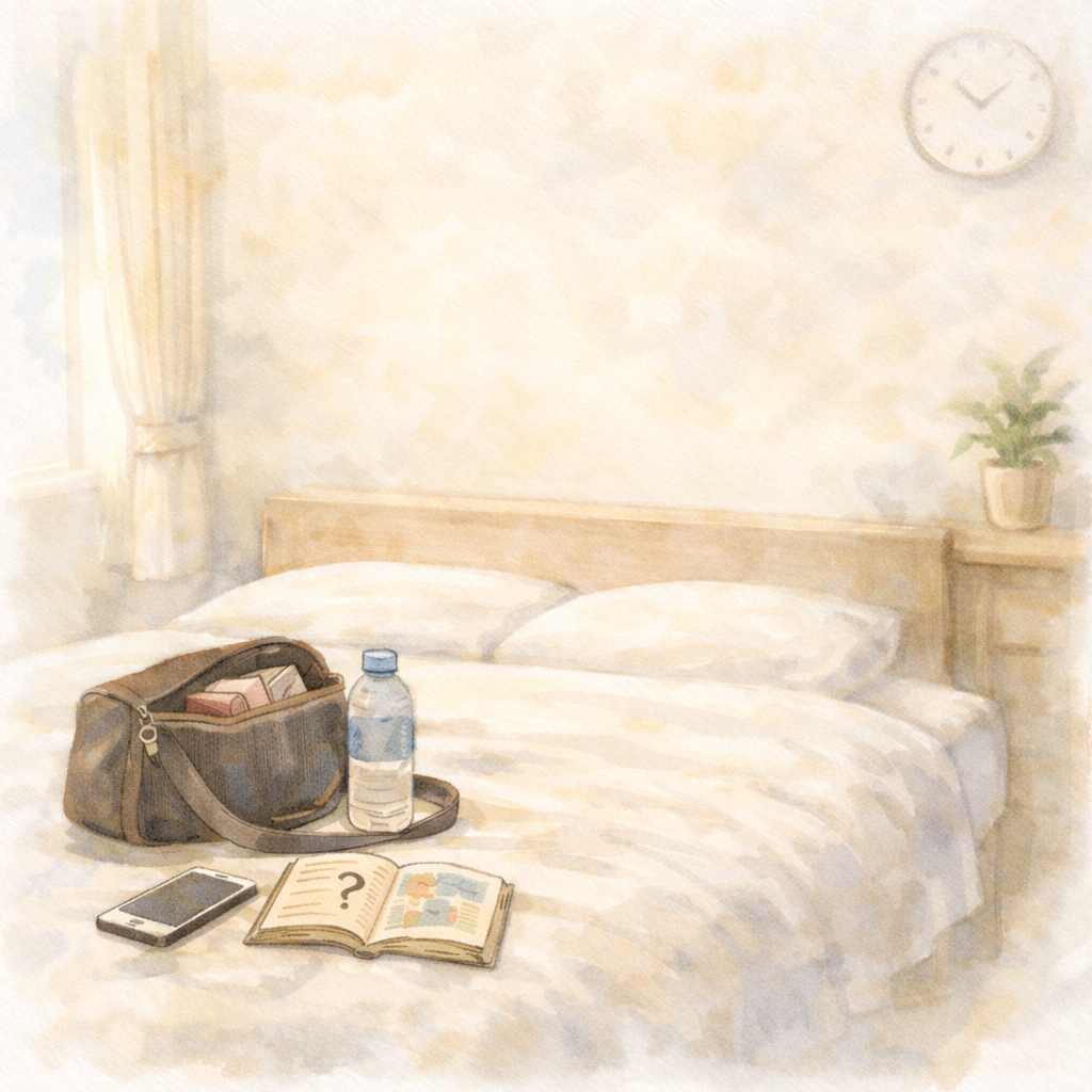 日常の途中で立ち止まるような余地が残る、静かな室内を描いた水彩画のイラスト