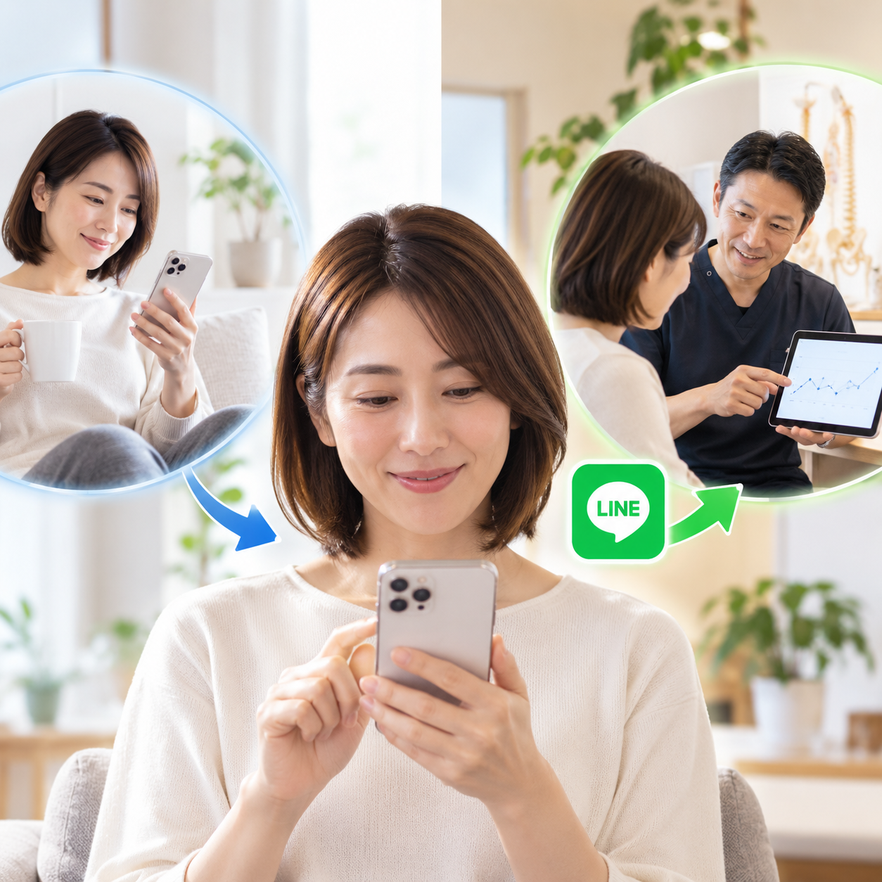 本人だけでの日々の記録と、LINEを通じて施術院と記録を共有して振り返る利用イメージ