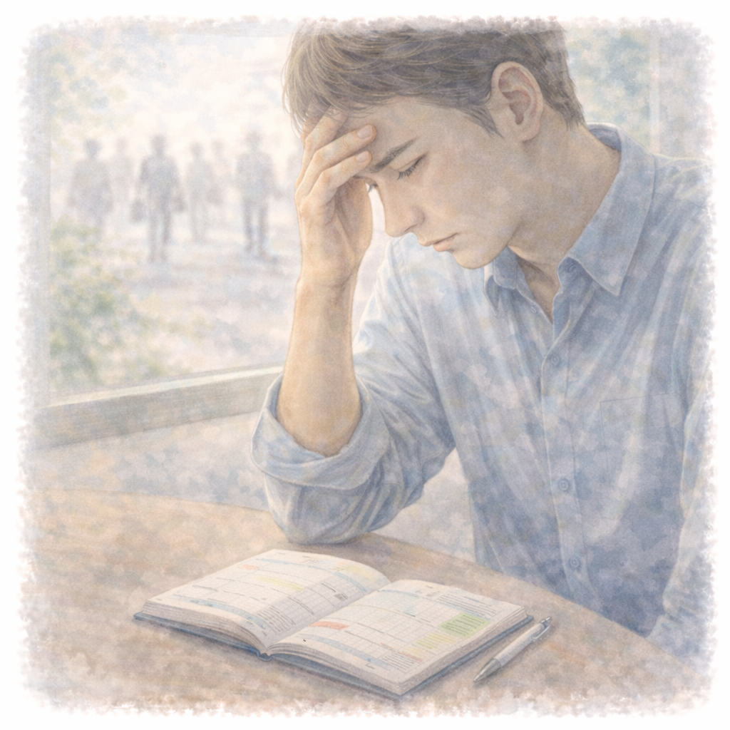 動悸や息苦しさがおさまったあとも、体の感覚が残り続いている状態を表した水彩画風イラスト