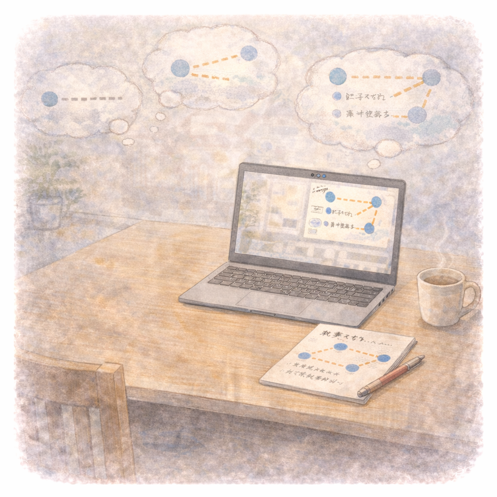 オンライン上で情報や考えを整理していくための落ち着いた空間を表した水彩画のイラスト