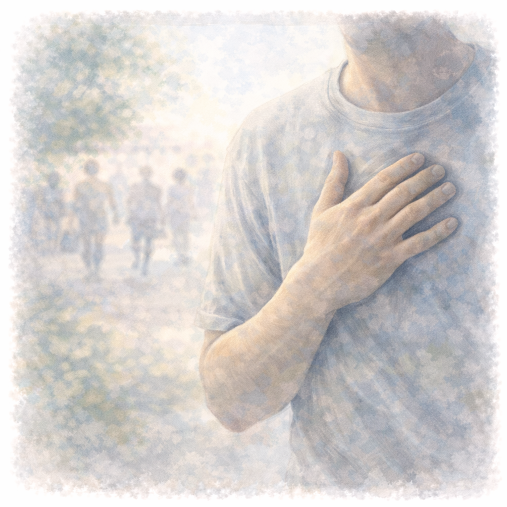 動悸や息苦しさが意識に上がり、体の感覚に注意が向いている状態を表した水彩画風イラスト