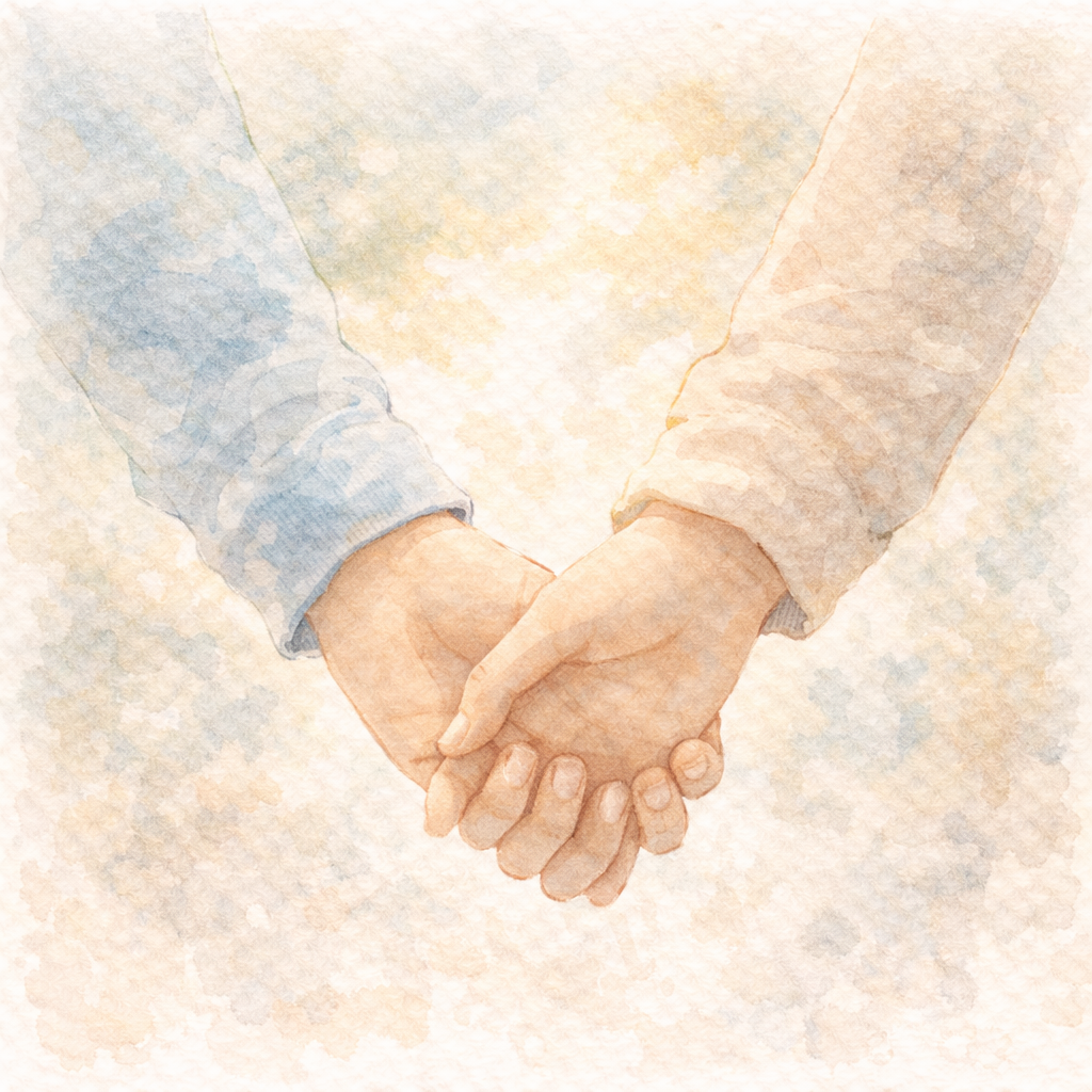言葉や判断を急がず、静かにそばにいる家族の関係性を象徴的に表現した水彩画風のイラスト