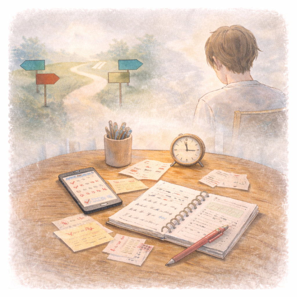 安心しようとして準備や選択を重ねる中で、判断が増えていく状態を表した水彩画のイラスト