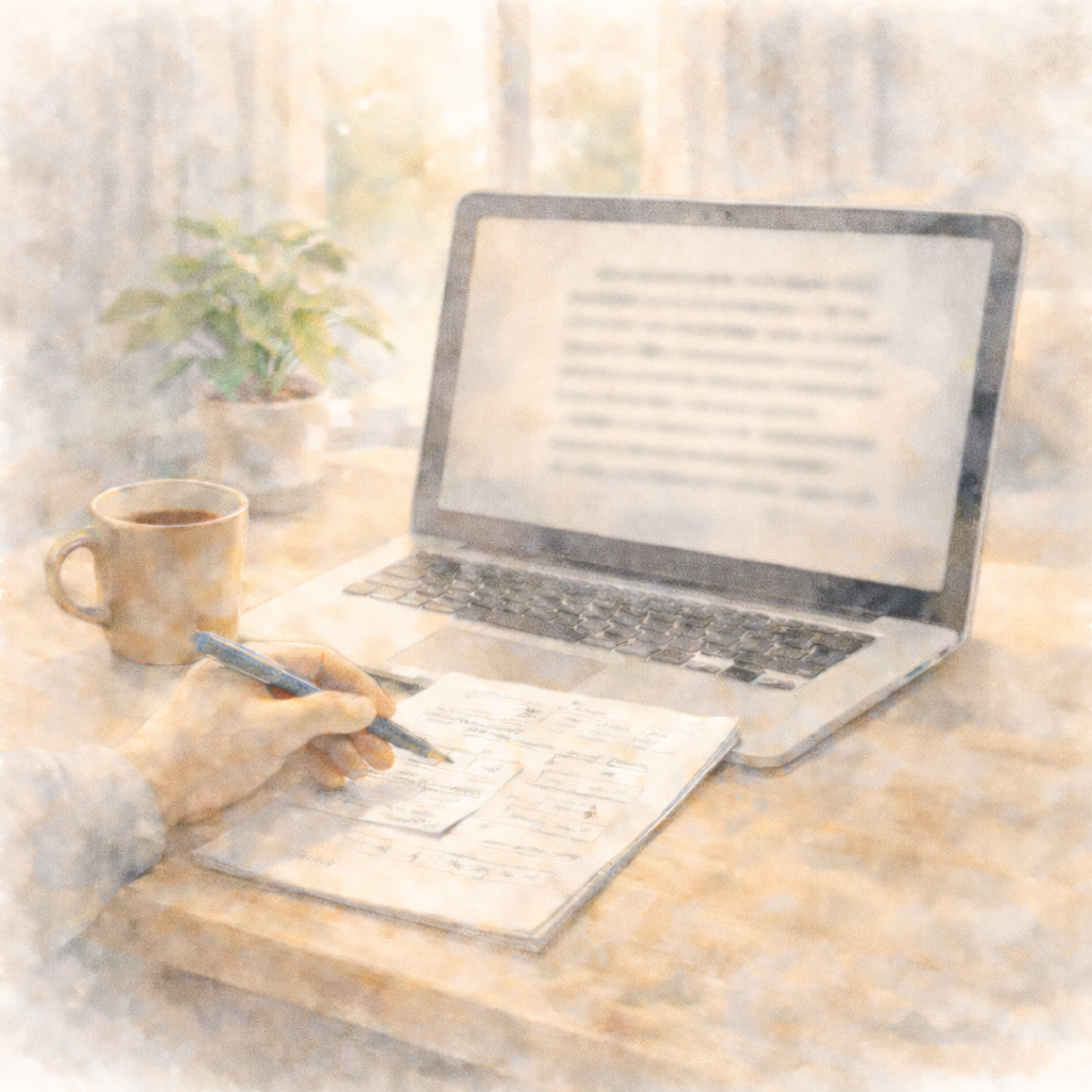 パニック症で同じ場所にとどまってしまう人たちの気配を描いた水彩画風イラスト